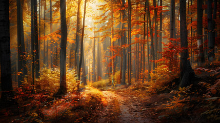 Sunlit Autumn Path: Stroll Through a Vivid Forest of Red, Orange, and Yellow Leaves in Fall Splendor