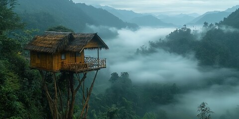 Photograph of a wooden treehouse on tall stilts in the misty mountains overlooking the clouds