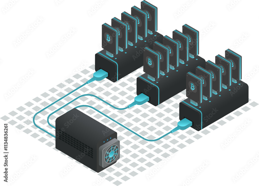 Poster cryptocurrency mining farm generating digital currency with multiple usb connected devices and power