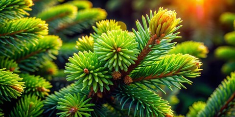 Fototapeta premium Close-Up of Picea mariana Nana in Low Light: A Serene Dwarf Conifer Creating a Tranquil Atmosphere in the Garden at Twilight, Perfect for Plant Enthusiasts and Garden Designers