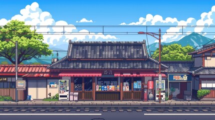 a beautiful japanese village city town in the morning. railway station with shop. anime comics artstyle. cozy lofi asian architecture