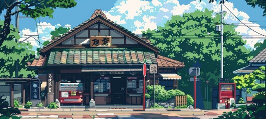 a beautiful japanese village city town in the morning. railway station with shop. anime comics artstyle. cozy lofi asian architecture