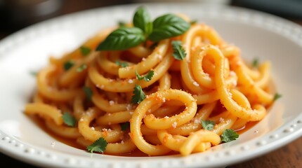 Close-up of a delicious pasta dish with tomato sauce and basil, Generative AI