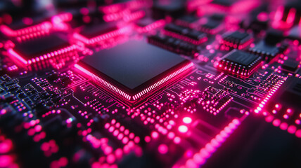 A computer chip with a pink glow