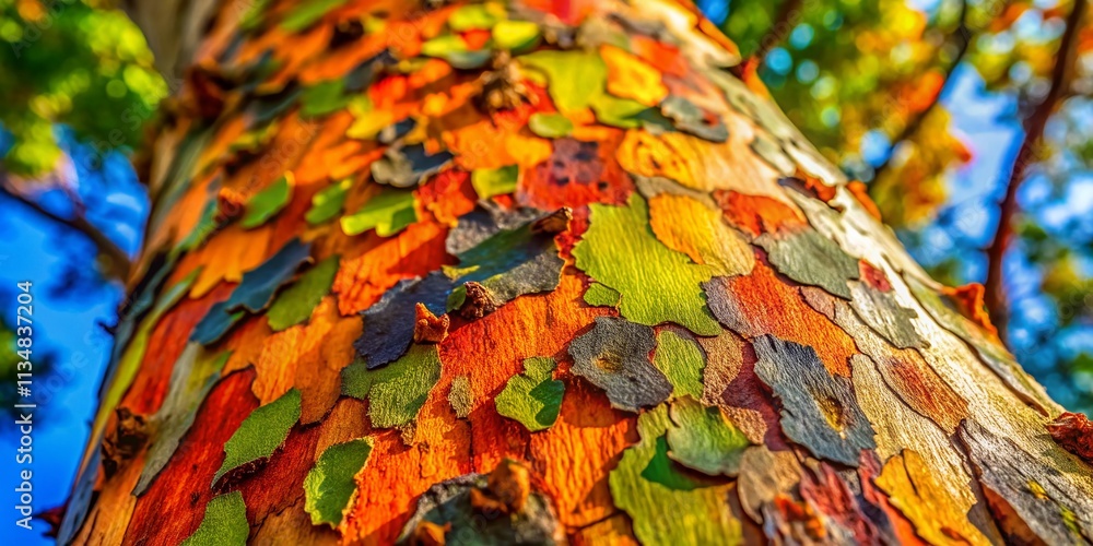 Poster close-up of sycamore tree bark highlighting intricate textures and patterns in high depth of field, 