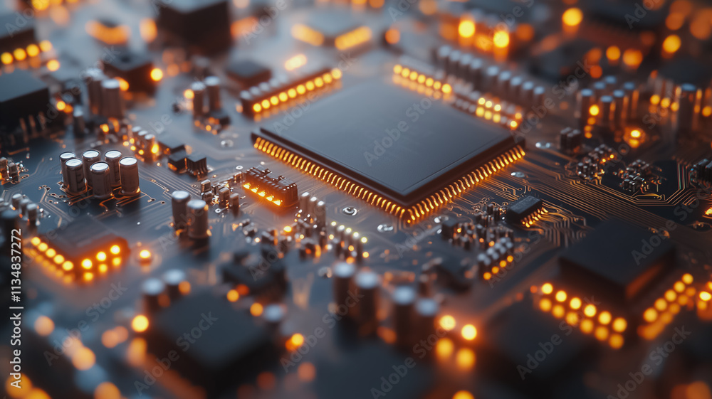 Poster a close up of a computer chip with a lot of lights on it