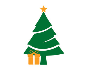 green christmas fir tree with golden yellow-orange star and one 1 christmas gift as gift box as present