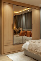 Modern bedroom with mirrored sliding door wardrobe, warm lighting, and beige decor.