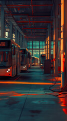 Electric Bus Terminal: Sunset Hues, Charging Buses, Urban Transport