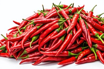 Close-Up of Vibrant Hanoi Red Peppers: A Pile of Fresh Vietnamese Chili on White Background with Ample Copy Space for Culinary and Food Photography Projects