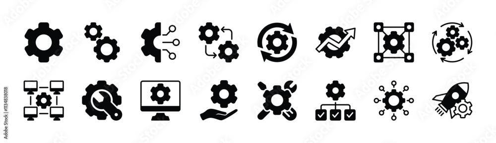 Wall mural setup and settings system icon vector set. containing options, configuration, technology, process, m