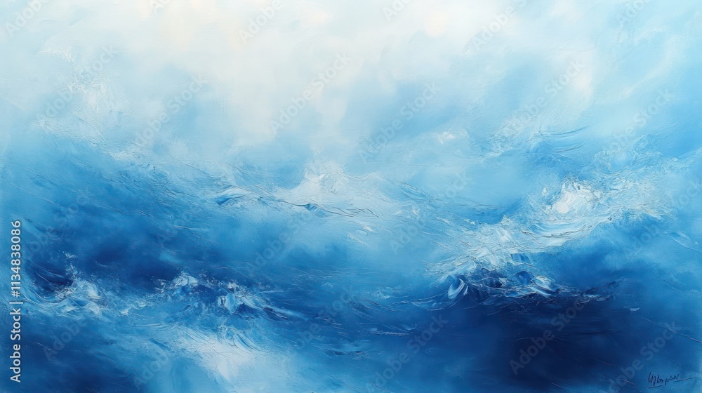 Poster impressionist abstract ocean waves background in soft blue and white hues with fluid motion and sere