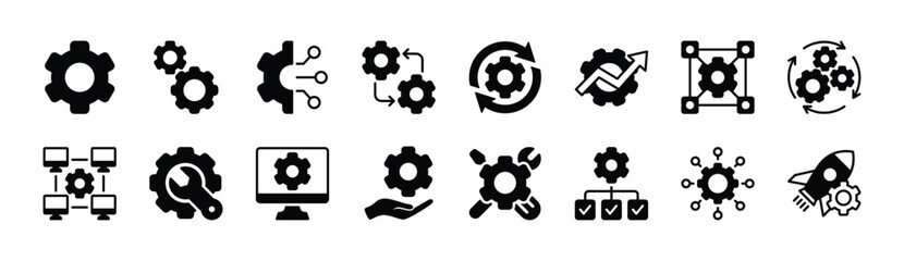 Setup and settings system icon vector set. Containing options, configuration, technology, process, maintenance, installation, engineering, mechanism, customization, optimization