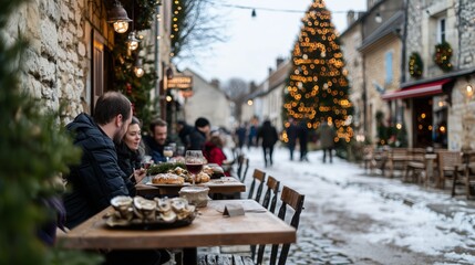Festive Winter Street Scene with Dining and Christmas Lights