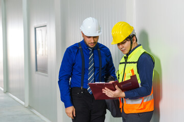 Construction professionals discuss project details in a modern building environment during the day