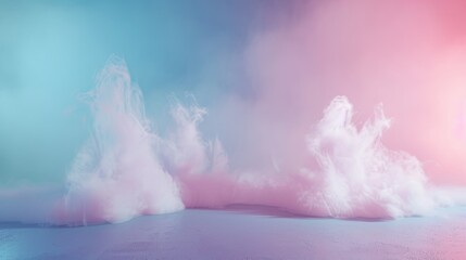 Naklejka premium A beautiful light blue background with white smoke trailing across the floor with pink lighting. Abstract background for presentation.