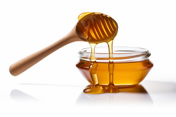Close-up of high-quality thick honey in a small glass jar, with golden honey dripping from a spoon onto the surface, displayed on a clean white background for a natural and appetizing presentation