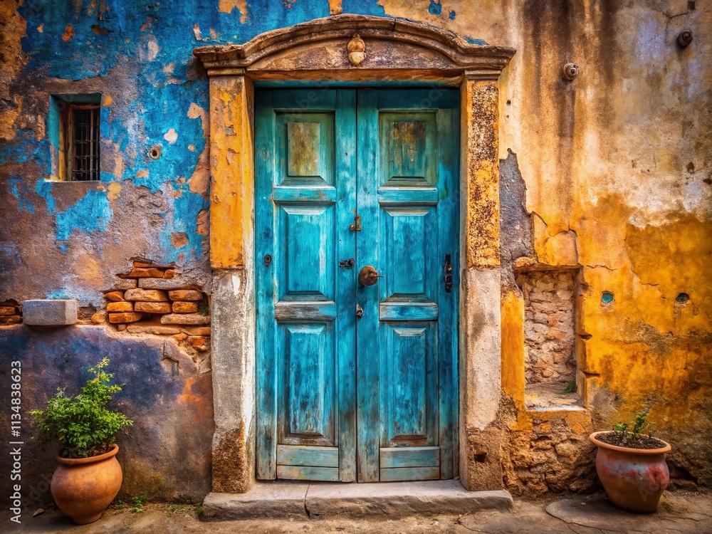 Poster close-up panoramic photography of a vibrant blue door with intricate textures and weathered features