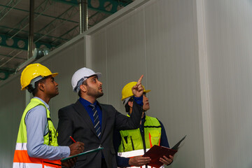 Construction project meeting with workers discussing plans in a modern facility during daylight hours