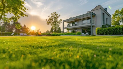 A beautiful lush green lawn in the morning with a modern house in the background.