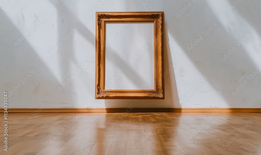 Poster empty picture frame in minimalist room with shadows