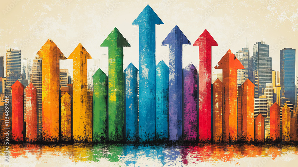 Poster a colorful line of arrows pointing upwards, with a city in the background