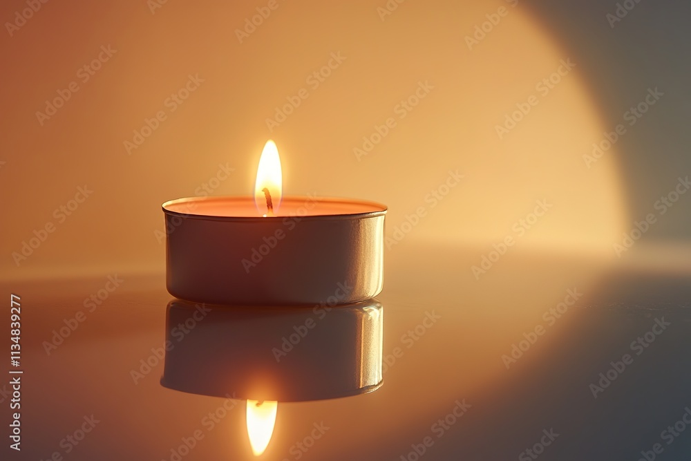 Poster single glowing candle resting on smooth reflective surface under soft diffused lighting