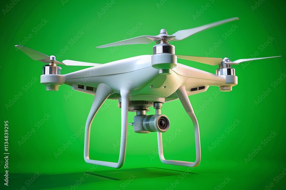 Poster close-up portrait of a white drone in flight with green screen background for animation and 3d rende