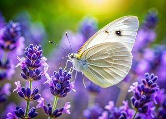 Fototapeta premium Close-Up Portrait of a White Cabbage Butterfly on a Purple Lavender Flower in a Spring Garden Setting, Showcasing Nature's Beauty and Delicate Details