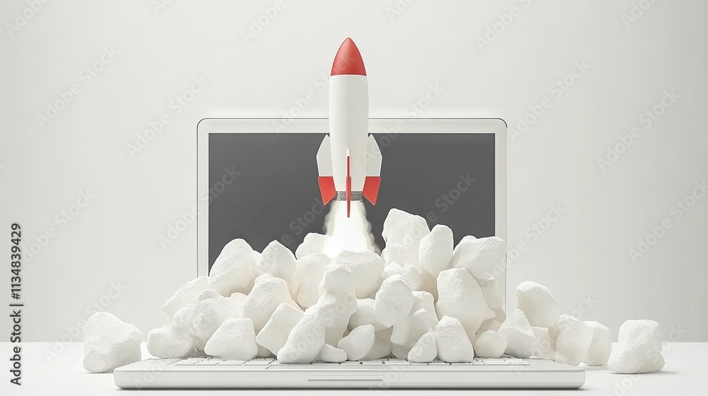 Aufkleber a laptop screen acting as a launchpad for a 3d rocket, with dynamic effects symbolizing limitless po
