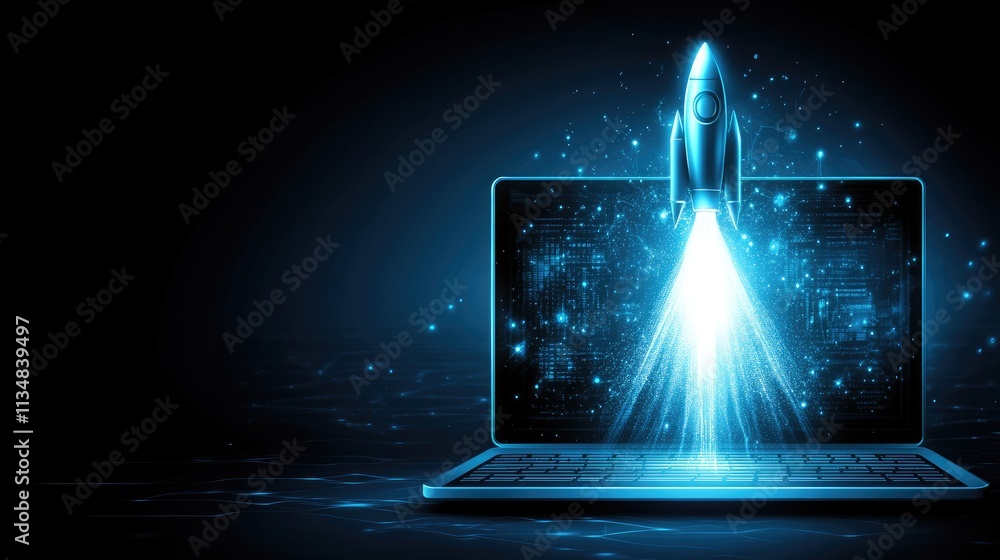 Poster a laptop screen with a realistic rocket launch emerging from it, symbolizing innovation and explorat