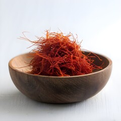Fototapeta premium Fresh Fresh Red Saffron Threads in Wooden Bowl on White Background
