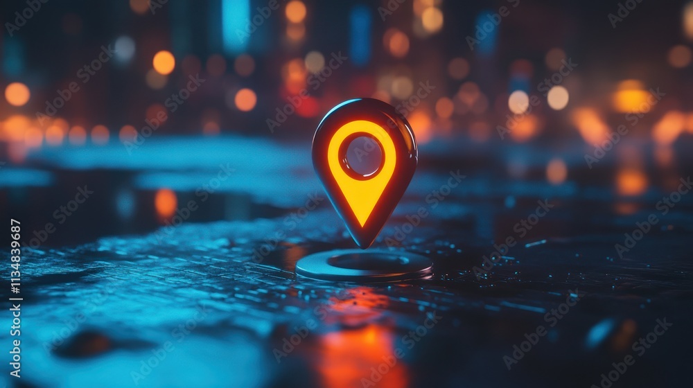 Poster neon map pin on dark surface.