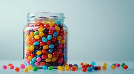 Colorful Jelly Beans in Glass Jar with Spilled Candy