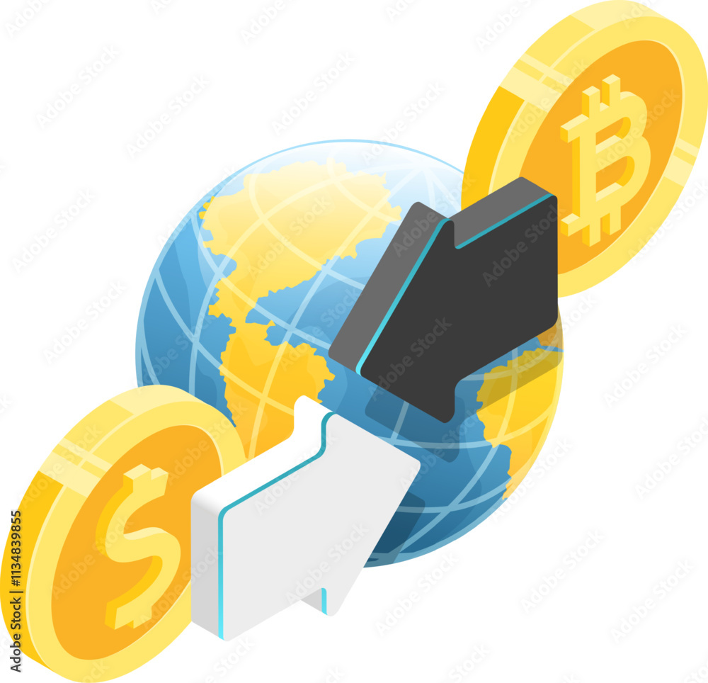 Poster global isometric view of exchanging bitcoin and dollar with white background representing cryptocurr