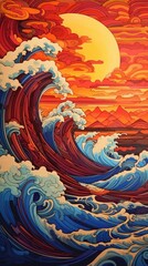Vibrant Waves and Sunset with Mountains in Colorful Artistic Design