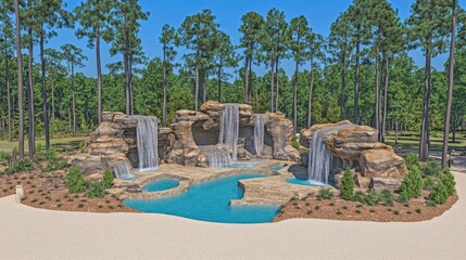 Fototapeta premium A modern pool design with a gently cascading waterfall, nestled within greenery for an elegant and calming ambiance.