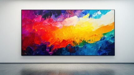 Large abstract colorful painting in gallery.