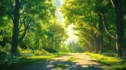 A beautiful rural nature forest. An Illustration in an Anime background animation style.
