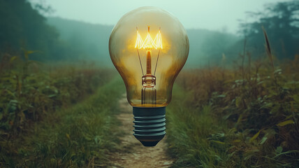 A light bulb is floating in the air in a field