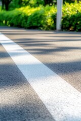 Obraz premium Close-up of a white line dividing a bicycle lane in an urban park, promoting cycling and active lifestyles
