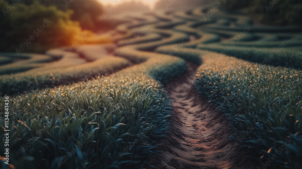 Poster a field of grass with a path through it