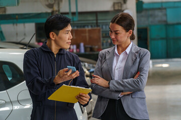Technician discusses vehicle repairs with client inside an auto shop during the day