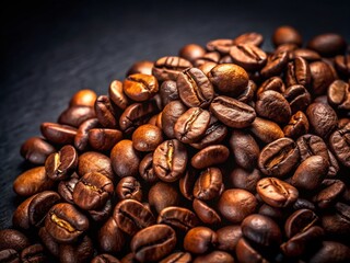 Naklejka premium Close-Up View of Coffee Beans on a Dark Black Background, Perfect for Coffee Lovers and Gourmet Beverage Photography, Celebrating Rich Textures and Natural Beauty