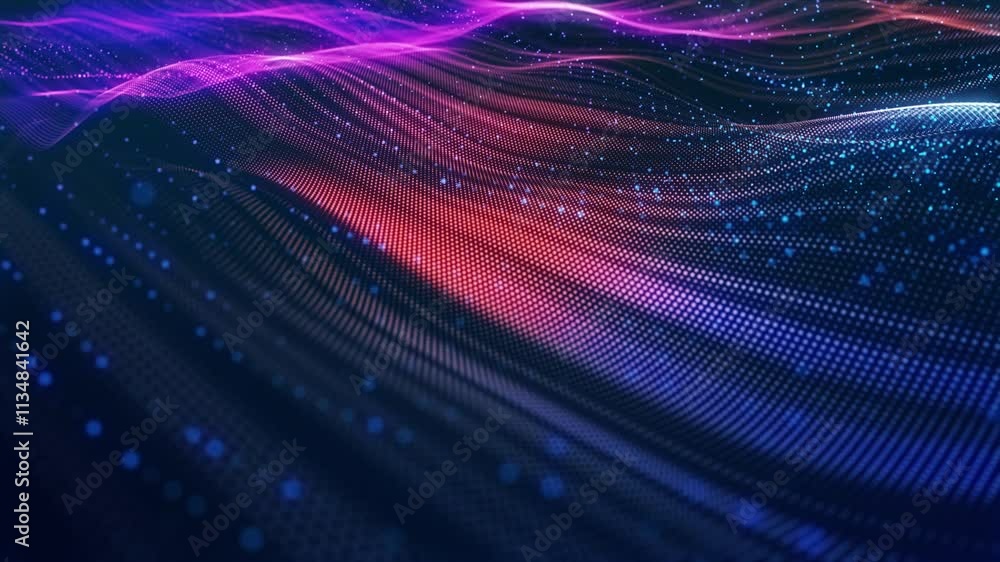 Poster stunning surface composed of neon glow particles that form waves of light. captivating seamless loop