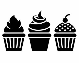 Set of black cupcakes icon, Collection of cupcake silhouette vector