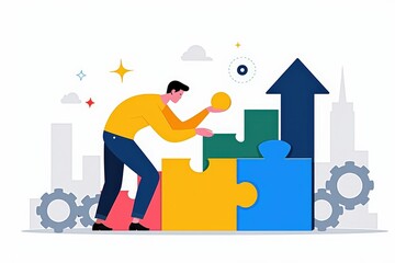 Boost Business Success with Creative Problem-Solving and Strategic Planning - Inspire Innovation and Growth with This Dynamic Yellow-Themed Illustration