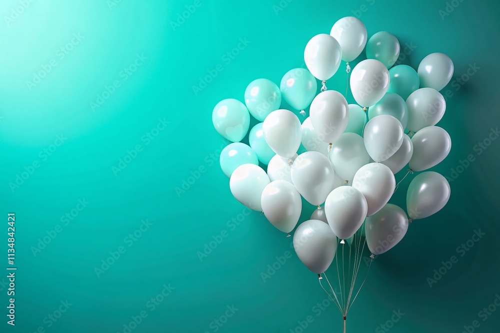 Poster cluster of white balloons floating against a turquoise background with ample copy space for text and