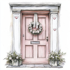 charming pink door adorned with floral wreath and potted plants, exuding warmth and welcome