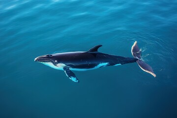 Obraz premium solitary endangered whale swimming in deep blue ocean whale is captured in clear focus while background gently fades